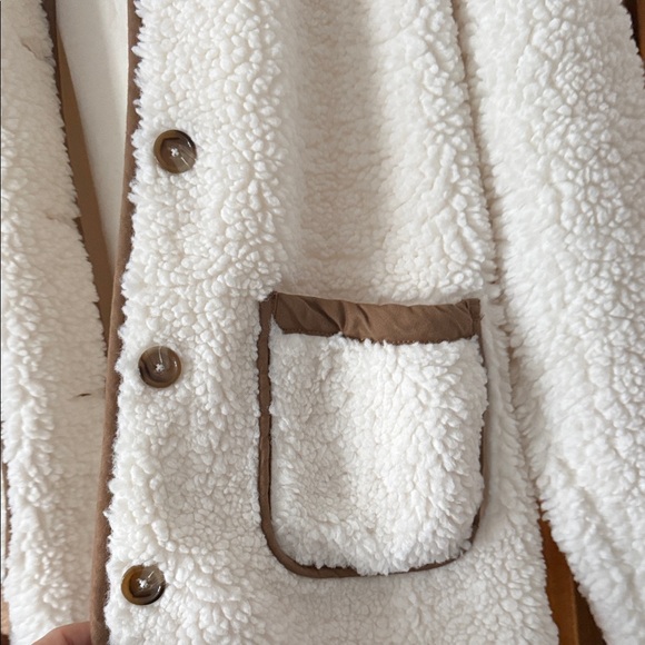 J. Crew White Sherpa Jacket with Brown Trim - Picture 3 of 5